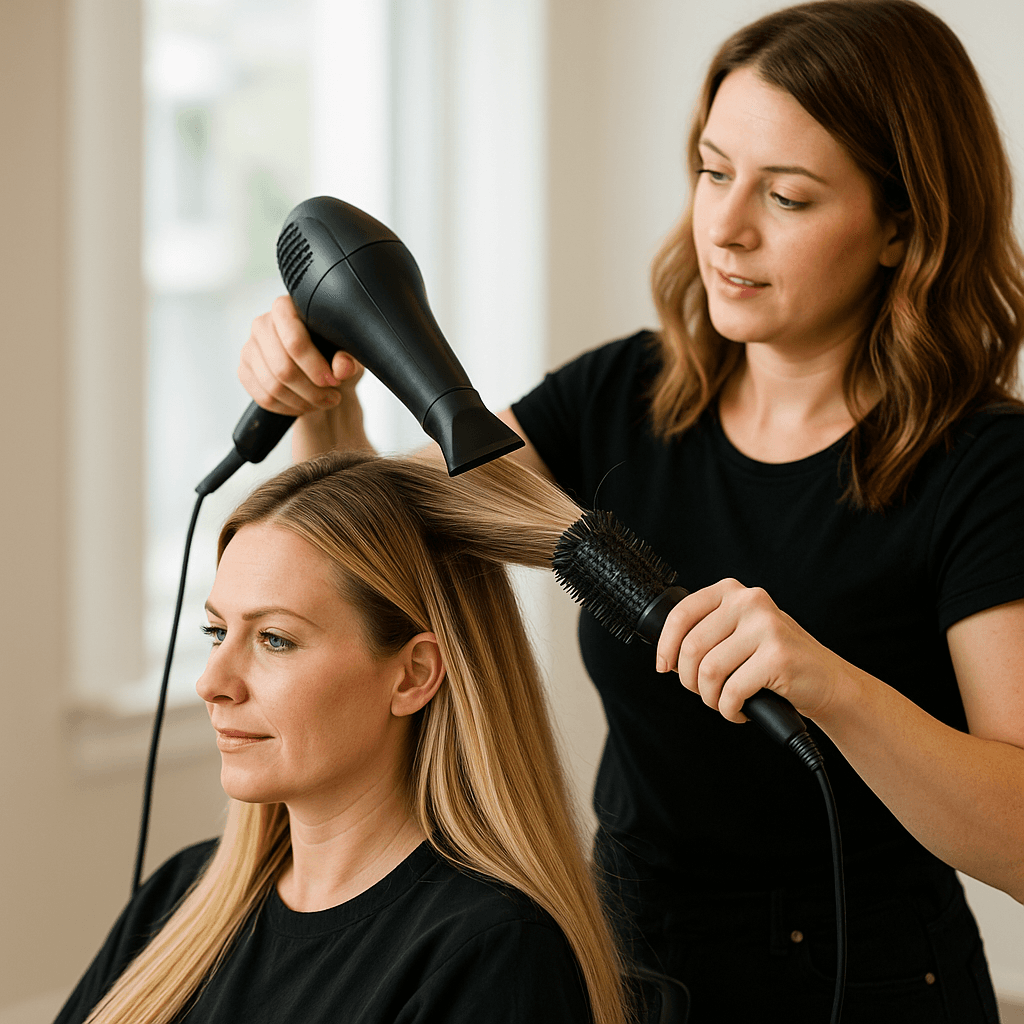 A professional stylist blow-dries a client’s long, blonde hair with extensions in a bright, modern salon. The stylist uses a round brush and hairdryer, focusing on smoothness and volume.